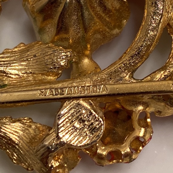 Vintage Made in Austria enamel rhinestone red flower brooch- 2 1/2” x 1 1/2” - Picture 8 of 11